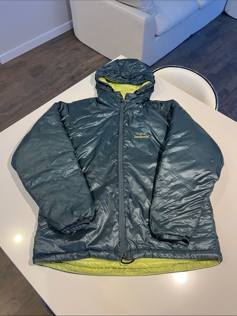 PATAGONIA micro puff zip up hooded jacket coat muted teal blue & lime green XS